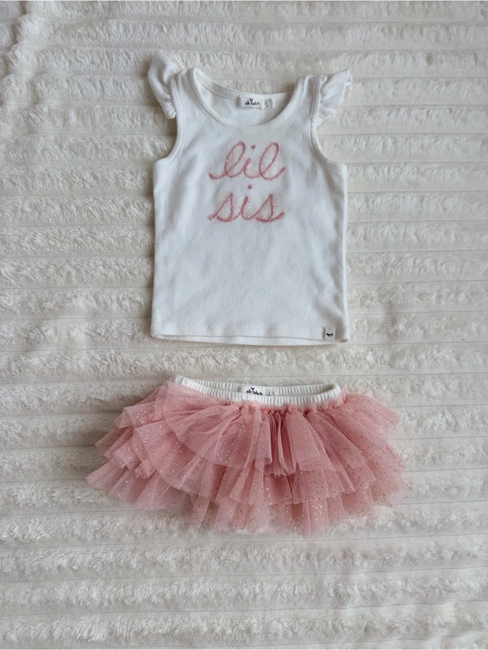 lil sis Pink Tulle Skirt & White Tank Matching Set